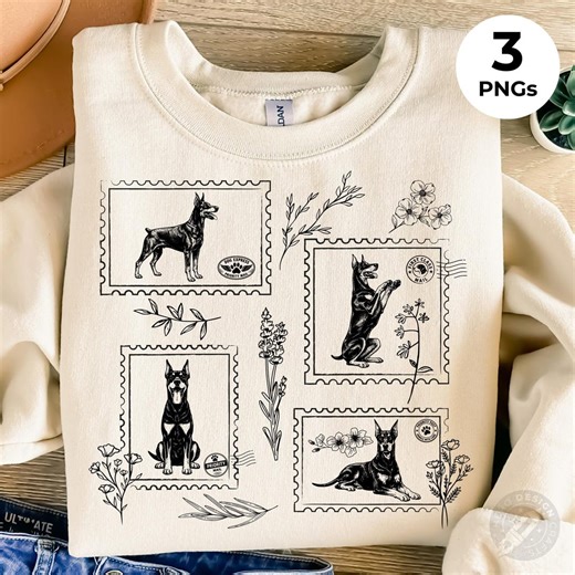 Doberman Floral Stamp PNG Bundle | Vintage Postage Dog Graphic | 3 PNG Bundle | Digital Download - Etsy