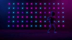 Download Cartoon man dancing on a dark stage with cyan, magenta, and purple circular lights in the background. Loop sequence. 3d animation for free