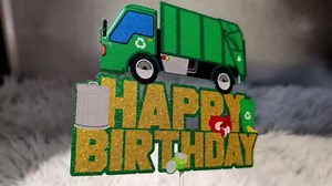 Garbage Truck Cake Topper for Boys Girls Truck Birthday Party Supplies Garbage Truck Party Decorations Green Glitter Trash Truck Cake Decorations