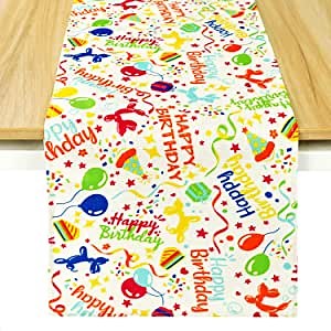 Birthday Table Runner Happy Birthday Balloon Dogs Cotton Table Runner Reversible Spring Summer Holiday Dining Table Runners for Home Party Décor 13.8x108 Inch