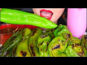 ASMR PEPPER PLATTER, GREEN SHISHITO, CHILLI, BULL HORN PEPPER, SPICY SAUCE, YOGURT DRINK 咀嚼音 먹방