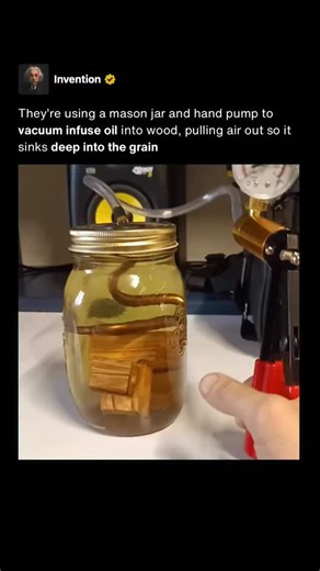 Invention on Instagram: "Wood might look solid, but it’s full of microscopic pores and air pockets, and that trapped air normally prevents liquids from soaking in very deep. That’s why most oils and finishes only penetrate the surface, no matter how long you leave the wood sitting. In this setup, small wood pieces are submerged in oil inside a sealed mason jar, with a hand pump attached to the lid. When the pump pulls a vacuum, the pressure inside the jar drops and the air trapped inside the woo