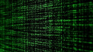 Stream of binary code. Green matrix background. Falling dots texture on dark backdrop. Digital computer code. Coding and hacking. 3D rendering.
