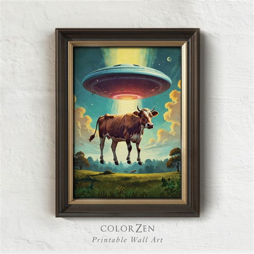 Alien UFO Poster, Cow Abduction Art, Cosmic Wall Decor, Trippy Colorful Artwork, Retro Surreal Landscape, Instant Download L232 - Etsy