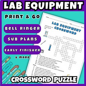 LAB EQUIPMENT Crossword Puzzle Worksheet Activity Science Bell Ringer 6-8