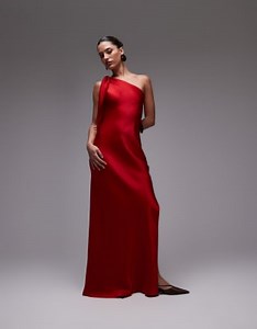 Mango one shoulder satin side slit maxi dress in red | ASOS