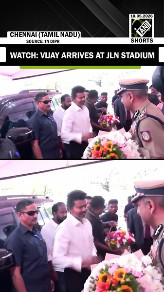 TVK Chief Vijay arrives at Jawaharlal Nehru Stadium in Chennai for oath taking ceremony