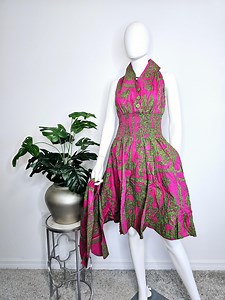 Women Smocked Midi Sundress With Head Scarf - Pink & Green - Etsy