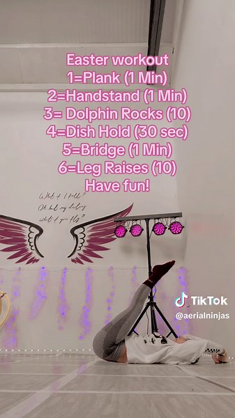 Fun 5 minute Easter Home Workout 🐣 1. Plank 2. Handstand 3. Dolpin Rocks 4. Dish Hold 5. Bridge 6. Leg Raises Have fun! #easterchallenge #strength #funworkout #5 #5minworkout