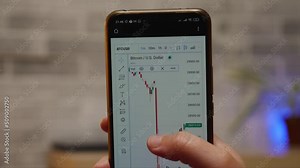 On the smartphone screen, a graph of the value of the cryptocurrency Bitcoin in U.S. dollars. In the background is a light stone wall. A finger moves the BTC chart on the screen
