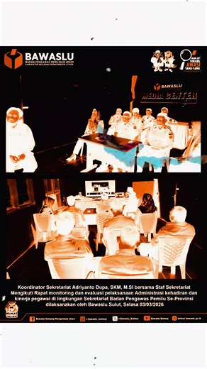 Halo #SahabatBawasluBolmut, Koordinator Sekretariat Adriyanto Dupa, SKM., M.Si bersama jajaran Staf Sekretariat mengikuti Rapat Monitoring dan Evaluasi Pelaksanaan Administrasi Kehadiran serta Kinerja Pegawai di lingkungan Sekretariat Bawaslu se-Provinsi Sulawesi Utara. Kegiatan yang dilaksanakan oleh Bawaslu Sulut pada Selasa, 03 Maret 2026 ini menjadi bagian dari upaya penguatan tata kelola administrasi, peningkatan disiplin, serta optimalisasi kinerja pegawai guna mewujudkan sekretariat yang 