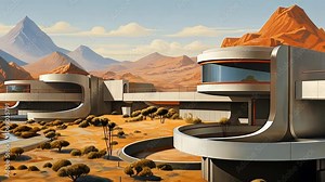 Retro futuristic architecture in sci-fi scene on the desert planet. Alien landscape with nostalgic retro future constructions