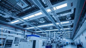 Lowangle perspective of vault ceiling with advanced lighting and air circulation systems supporting electronbeam lithography operations.