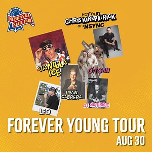 Alright Stop…Collaborate and Listen! You’ll want to get these tickets before they go Bye-Bye-Bye! The Nebraska Lottery Concert Series welcomes the Forever Young Tour to the 2025 Nebraska State Fair, Aug. 30 at TD Landing. The Forever Young Tour features: ✨ Vanilla Ice ✨ Chris Kirkpatrick of *NSYNC ✨ O-Town ✨ Ryan Cabrera ✨LFO ✨ DJ Skribble Get your tickets today! | Nebraska State Fair