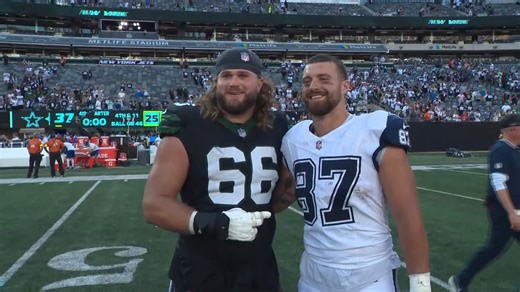 Cowboys tight end Jake Ferguson caught up with fellow former Wisconsin Badger Joe Tippmann of the Jets today, after the Cowboys 37-22 win over New York. Ferguson had a pair of touchdown catches in the Dallas win. | Mike Leslie