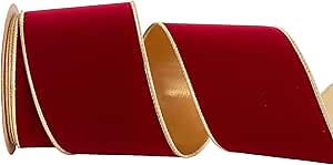 Dark Red Velvet Christmas Wired Ribbon 4inch Wide*10Y Red and Gold Double Sided Velvet Ribbon for Christmas Tree Wreaths Gift Wrapping Bows Gralands Home Decor Crafts (Dark red)