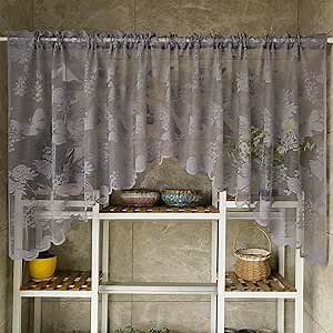 Grey Lace Sheer Curtain Valance for Kitchen Cafe Curtain Swag Valance for Doorway Bathroom Floral and Butterfly Embroidered Voile Valance Rod Pocket Window Treatment 1 Panel, W82 x L35 inch