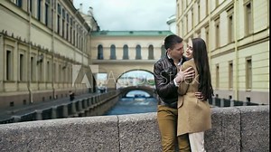 Couple in love having romantic tender moments in european city