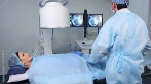 Embolization of uterine fibroids procedure with x-ray operating machine