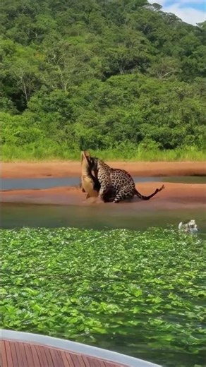 Alligator on the Bank - Can It Escape the Jaguar's Deadly Grip? #shorts #jaguar #alligator