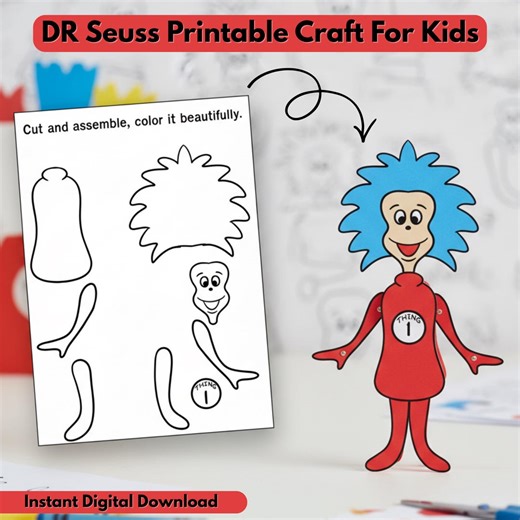 Printable Dr Seuss Kids Craft Activity, Read Across America, Thing 1 Thing 2 Coloring, Cat in the Hat, Back to School, PDF, Digital Download - Etsy