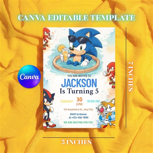 Editable Sonic Pool Party Birthday Invitation Template, Sonic Birthday Invite for Boys, Summer Splash Party Invite, Canva, Instant Download - Etsy