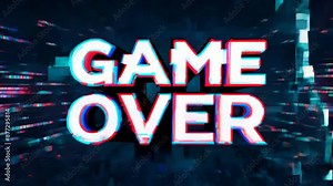 Bold game over text with glitch effect and vibrant neon colors. Distorted pixels and dynamic animations create a retro gaming atmosphere