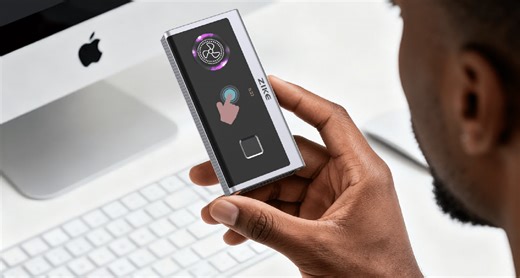 USB4 SSD enclosure with display, fingerprint sensor, and "Find My"