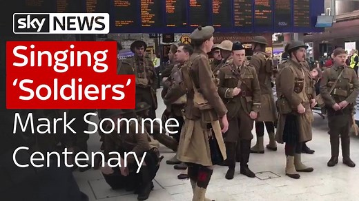 Hundreds of volunteers dressed as WWI soldiers appeared across the UK today, in a "modern memorial" to those who died at the Battle of the Somme | Sky News