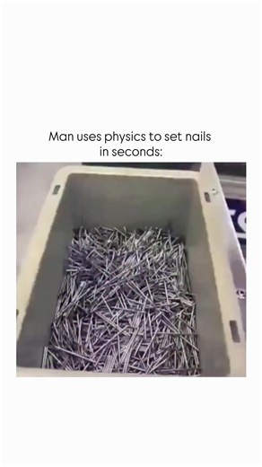 TrendTok Hub on Instagram: "This works because of vibration-induced self-organization, driven by inertia, friction, and gravity. Physics behind this: When the box is shaken, vibrations give the nails energy to move, collide, and briefly lose contact with each other, while gravity keeps pulling them downward. Nails that are crossed or misaligned experience more collisions and friction, making those positions unstable, whereas nails lying parallel and flat are mechanically more stable. With each s