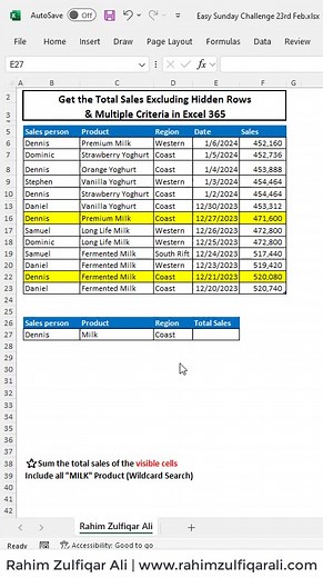 Get the Total Sales Excluding Hidden Rows & based on Multiple Criteria in #Excel 365 =SUM(FILTER(Data[Sales], (Data[Sales person]=B27)* (Data[Region]=D27)* (ISNUMBER(SEARCH(C27,Data[Product]))* (SUBTOTAL(103, OFFSET(B6, ROW(Data[Sales person])-MIN( ROW(Data[Sales person])),0))=1)))) Explanation: (Data[Sales person]=B27)* (Data[Region]=D27)* (ISNUMBER(SEARCH(C27,Data[Product])) Checking the Criteria Based on Sales Person, Region and Wildcard Search on Product Column. SUBTOTAL(103, OFFSET(B6, ROW(
