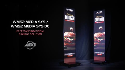 Transform any space with vibrant, freestanding digital signage! The WMS2 Media Sys delivers high-res 2.6mm pixel pitch LED panels, built-in Novastar processing, and easy USB/LAN/wireless content control — all in a compact, wheeled road case. Perfect for retail, events, hotels, and more, it’s plug-and-play signage that travels well and sets up fast. Available now from ADJ USA in a single panel road case system (WMS2 Media Sys) or a dual panel system in a road case). Available in May from ADJ Euro