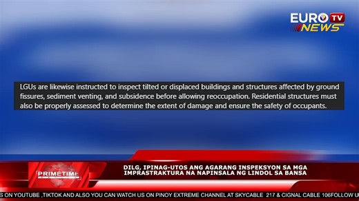 #ICYMI --- DILG, IPINAG-UTOS ANG AGARANG INSPEKSYON SA MGA IMPRASTRAKTURA NA NAPINSALA NG LINDOL SA BANSA | via Grachella Corazon Para sa mga karagdagang balita at impormasyon, bisitahin kami sa aming official website eurotvph.com | Eurotv News | Facebook
