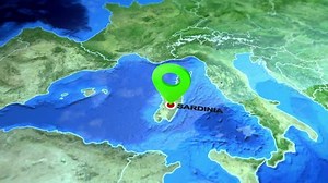 Sardinia island, Italy on the Europe map. 3d map render, motion through clouds, aerial view from top. Animated pin marked location of Sardinia on the geographic map. Background for travel intro.
