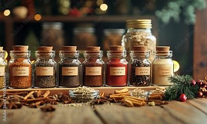 Preparing DIY spice mixes for Christmas gifts, with small jars, labels, and a variety of spices on display. . Video