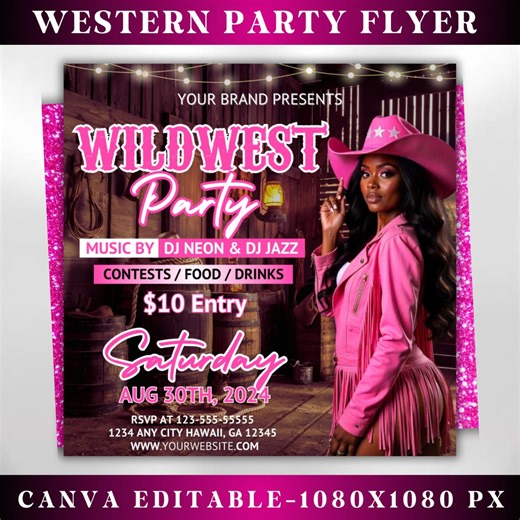 Western Party Flyer, Night Club Flyer, Summer Pool Party Flyer, Cowgirl Party, Social Media Flyer, Editable Canva Template, Instant Download - Etsy