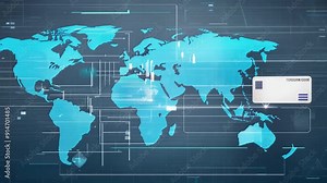 A digital credit card connecting to a global network, with nodes lighting up across different continents Stock Video