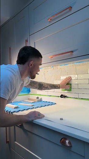 Wavey white tile kitchen splash back 🥹 #tiling #diy #splashback