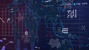 Premium stock video - World map with data points and graphs, global data analysis animation