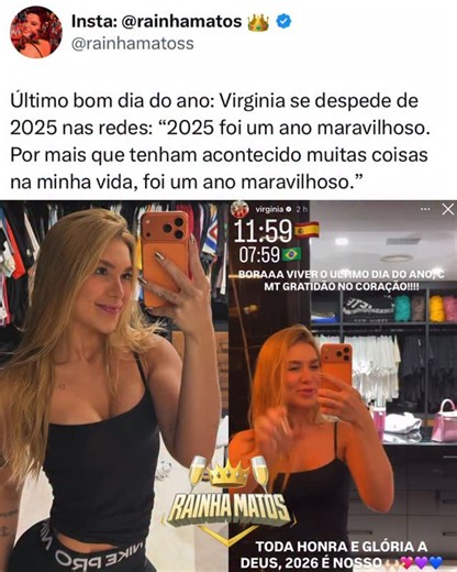 Andréia Matos on Instagram: "A @virginia já entrou no clima da virada e compartilhou uma mensagem de gratidão: “Último dia do ano. Já estou aqui, prontinha para viver esse último dia, e só tenho a agradecer. 2025 foi um ano maravilhoso; por mais que tenham acontecido muitas coisas na minha vida, foi um ano maravilhoso. Só tenho a agradecer a Deus e pedir a Deus para que 2026 seja um ano ainda melhor, de muitas realizações e conquistas, um ano abençoado. Amém. Vamos para cima! 2026 é nosso. Toda