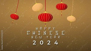 happy chinese new year 2024 gold and shiny animation,year of the dragon,red background, Animated text Happy chinese new year 2024