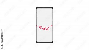 Smartphone Rotate and social media reaction love heart emoticon moving flow pink color on screen white color background, looping animation 4K, with copy sapce