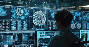 Artificial intelligence. AI complexity shown as a data scientist reviews algorithms and neural networks on screens