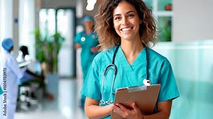 A friendly doctor female nurse smiling warmly while holding a tablet, conveying professionalism and care. Perfect for healthcare and patient support themes