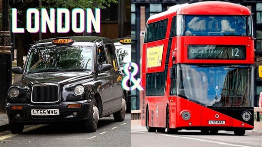 Famous London taxis and red double decker buses - Hackney carriage - black cab