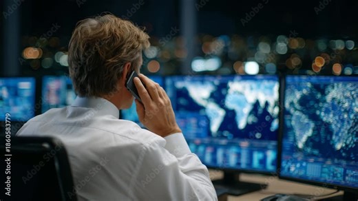 Back shot of a statesperson in a modern government office, speaking on the phone while multiple monitors show live geopolitical data, world borders, and crisis updates
