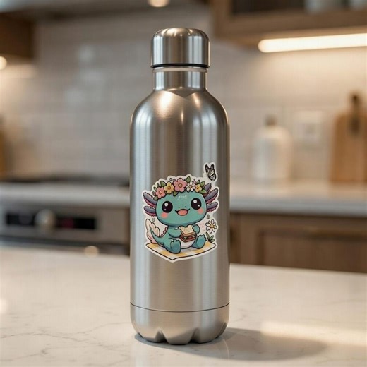 Cute Kawaii Axolotl Picnic Sticker | Teal Flower Crown Fantasy Decal for Bottles - Etsy