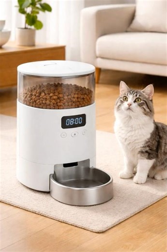 Cat scratches and taps on automatic feeder