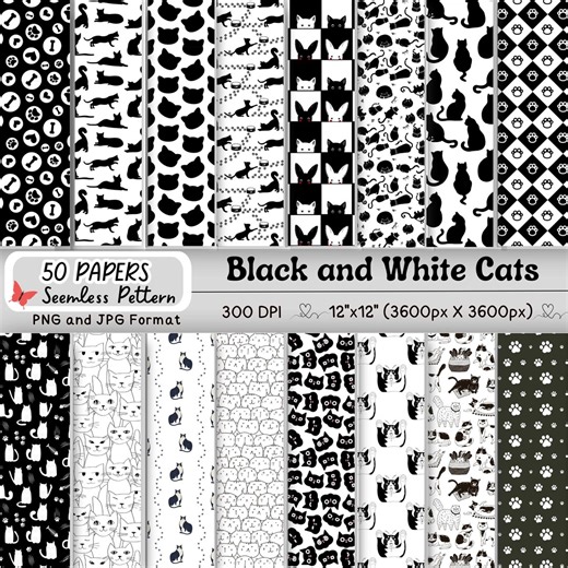 50 Black and White Cats Seamless Pattern | Cute Cat Lover Digital Paper for Scrapbooks, Planners, Journals & Cards - Etsy