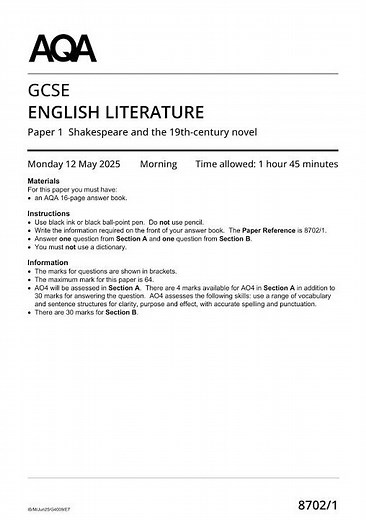 AQA GCSE English Literature Paper 1 2025